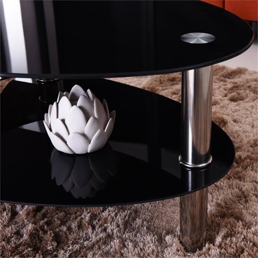 Pemberly Row Tempered Glass Oval Coffee Table in Black